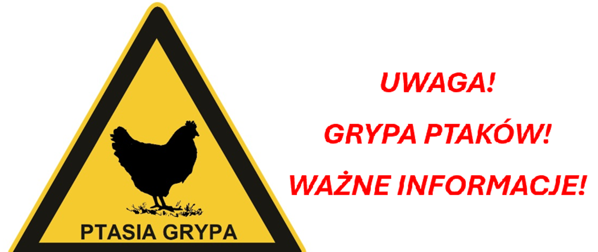 Zdjęcie przedstawia znak ostrzegawczy w kształcie trójkąta, z czarną obwódką i żółtym tłem, na którym umieszczono symbol kury i napis „Ptasia grypa” oraz napis „Uwaga! Grypa ptaków! Ważne informacje!”.