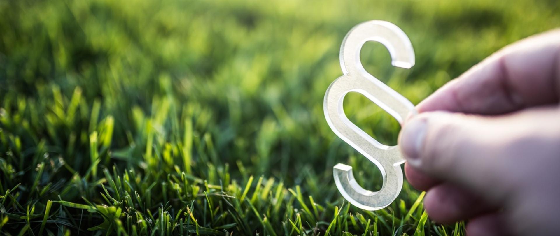 Dłoń trzymająca symbol paragrafu na zielonej trawie.