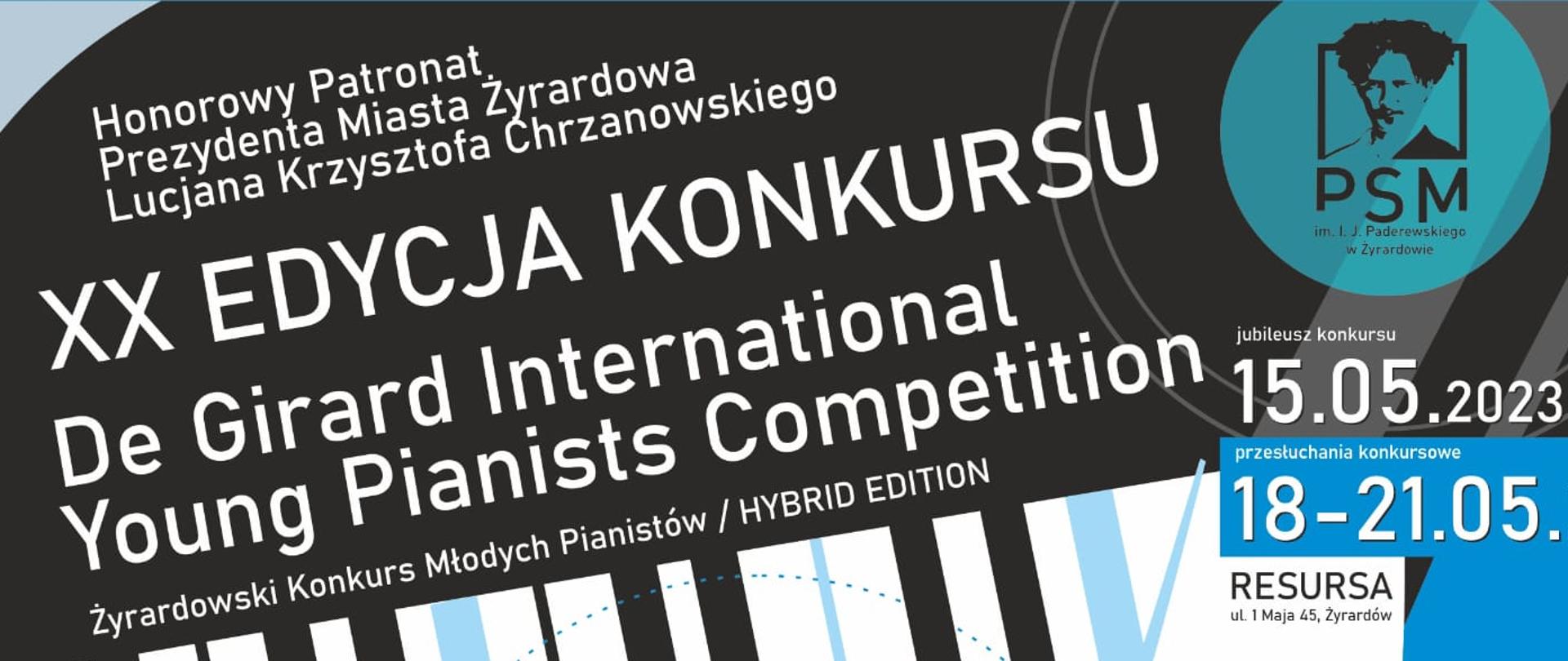 Plakat w kolorach czarnym, białym, granatowym i niebieskim. Na środku klawiatura fortepianu w kolistej formie, na górze od lewej informacje o patronatach i pełna nazwa konkursu.
W prawym górnym rogu logo szkoły, w lewym dolnym rogu loga organizatorów konkursu.

