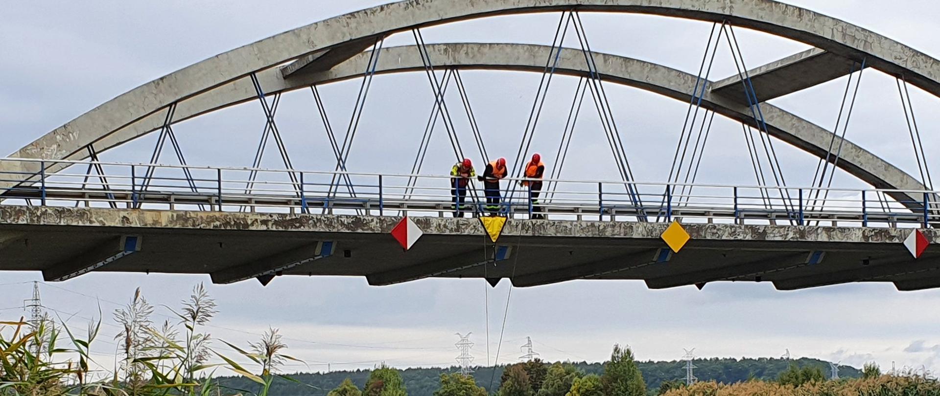 Zdjęcie przedstawia strażaków ćwiczących ratownictwo wodne na rzece Noteć.
W tle rzeka i pola.
