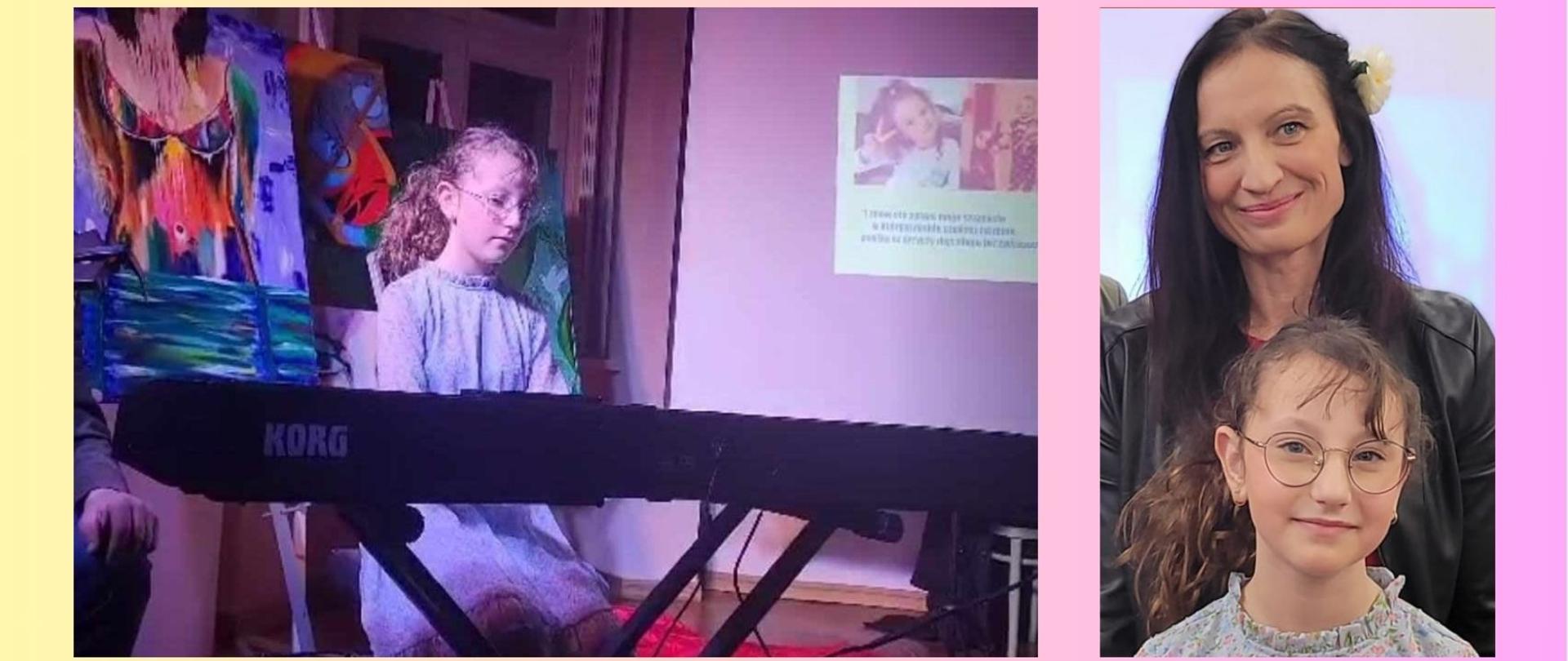 Projekt na pastelowym tle przechodzącym z żółtego w różowy. Z lewej zdjęcie uczennicy siedzącej przy keybordziej za którą znajdują się kolorowe obrazy. Z prawej zdjęcie uczennicy z mamą. Mama w ciemnych, rozpuszczonych włosach, do których przypięty jest biały kwiatek. Ma na sobie czarną, skórzaną kurtkę. Córka w borązowych włosach, ma na sobie okulary i jasną bluzkę w kwatuszki. 