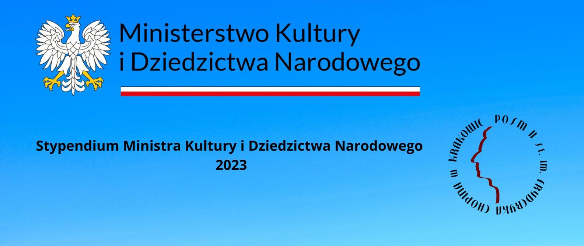 Baner, niebieskie tło, po lewej godło Polski, tekst: Ministerstwo Kultury i Dziedzictwa Narodowego, poniżej biało-czerwona wstęga, poniżej tekst: Stypendium Ministra Kultury i Dziedzictwa Narodowego 2023, w prawym dolnym rogu logo szkoły