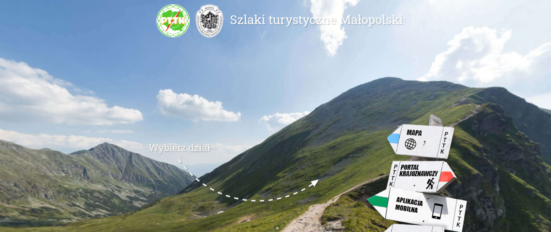 W tle góry, po prawej stronie drogowskazy na szlaku górskim