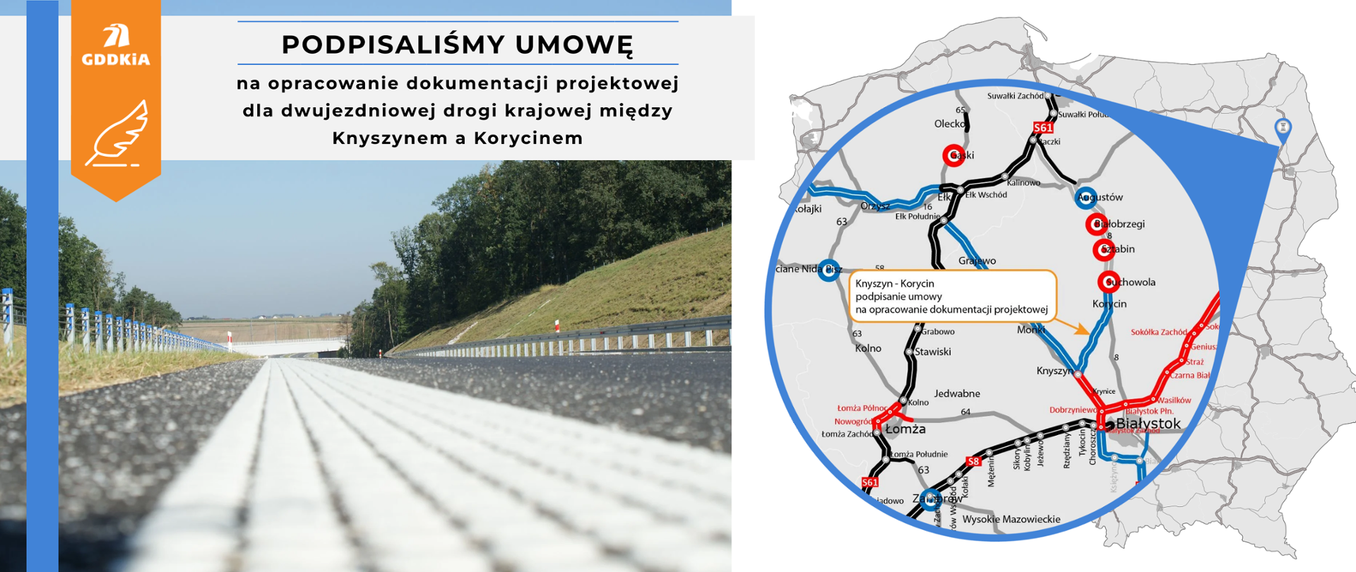 Infografika na podpisanie umowy na opracowanie dokumentacji projektowej dla DK między Knyszynem a Korycinem