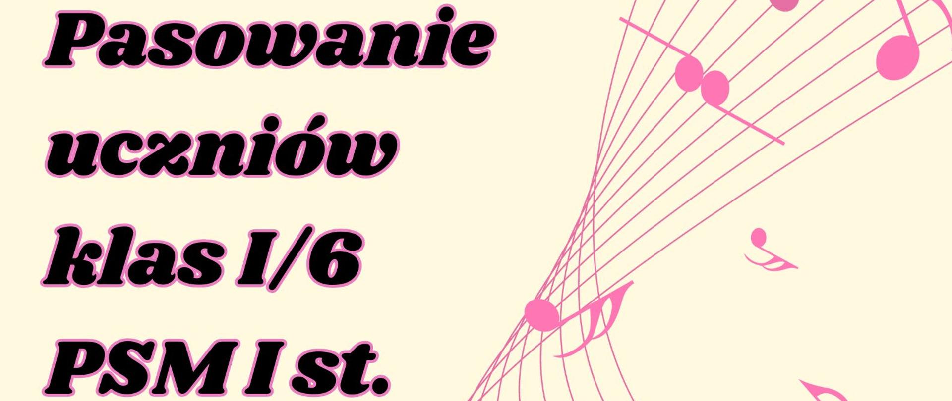 Plakat z wydarzeniem - Pasowanie uczniów klasy I cyklu 6-letniego, które odbędzie się 30 października 2025r. o godz. 16:30 w sali koncertowej ZPSM w Dębicy, tło plakatu jest w kolorze jasnym żółtym , wzdłużplakatu umieszczono czerwoną pięciolinię z nutami, z lewej strony plakatu umieszczono dwa ptaszki otoczone nutkami a po lewej stronie znajdują się cztery żabki również otoczone kolorowymi nutkami, napisy są czarne z czerwoną otoczką