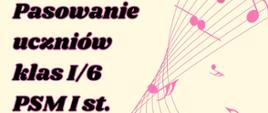 Plakat z wydarzeniem - Pasowanie uczniów klasy I cyklu 6-letniego, które odbędzie się 30 października 2025r. o godz. 16:30 w sali koncertowej ZPSM w Dębicy, tło plakatu jest w kolorze jasnym żółtym , wzdłużplakatu umieszczono czerwoną pięciolinię z nutami, z lewej strony plakatu umieszczono dwa ptaszki otoczone nutkami a po lewej stronie znajdują się cztery żabki również otoczone kolorowymi nutkami, napisy są czarne z czerwoną otoczką