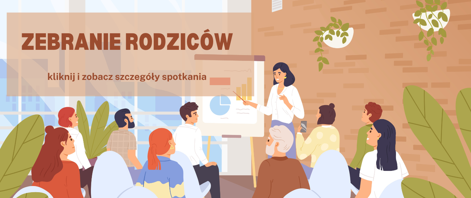 Na zdjęciu gromada ludzi przyglądająca się w skupienie kobiecie, która stoi i wskaźnikiem pokazuje brązową tablicę z napisem: "Zebranie rodziców, kliknij i zobacz szczegóły spotkania"