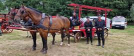 na głównym planie 3 strażaków w strojach historycznych, jeden ze strażaków siedzi na miejscu woźnicy na sikawce, obok sikawki stoi dwóch pozostałych strażaków, do sikawki zaprzęgnięte są 2 konie, w tle drzewa, inne sikawki oraz karetka i namiot
