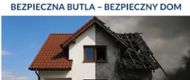 Grafika przedstawia dom podzielony na dwie części. Lewa strona pokazuje nowoczesny, zadbany dom z czerwoną dachówką i białą elewacją pod niebieskim niebem – symbol bezpieczeństwa. Prawa strona przedstawia ten sam dom, ale zniszczony przez pożar: dach jest spalony, ściany są poczerniałe, a okno wybite. Nad grafiką znajduje się napis w języku polskim: „BEZPIECZNA BUTLA – BEZPIECZNY DOM”, co oznacza, że bezpieczne korzystanie z butli gazowej zapewnia bezpieczeństwo w domu