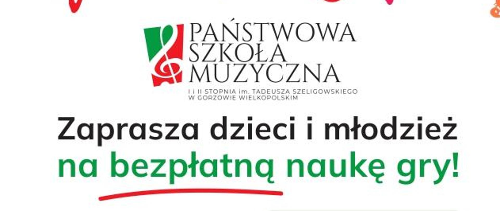 Zaproszenie do nauki - po lewej stronie wymienione instrumenty, po prawej kod QR. Na dole kolorowe grafiki instrumentów.