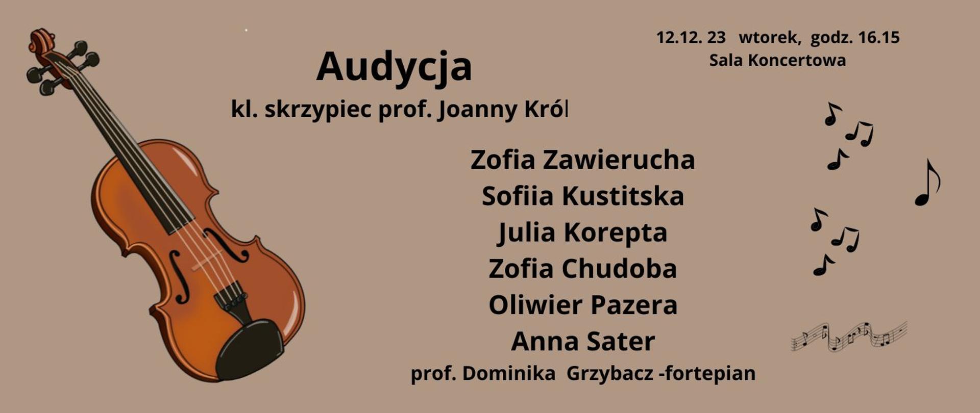 Audycja klasy skrzypiec 12.12.2023 godz.16.15 plakat na brązowym tle , zdjęcie skrzypiec
