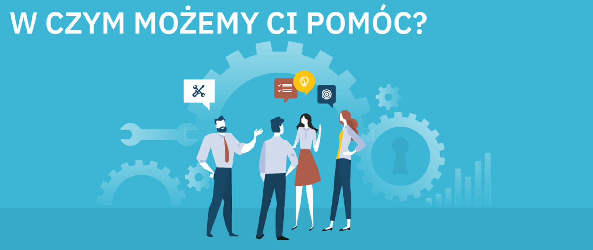 Baner o treści "W CZYM MOŻEMY CI POMÓC?" przedstawiający rozmawiające wektorowe postacie na tle półprzezroczystych kół zębatych