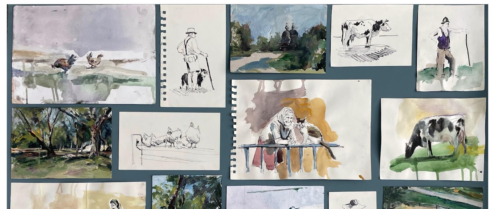 Kolaż kilkunastu akwarelowych szkiców i obrazów o tematyce wiejskiej, ułożonych na niebieskoszarym tle. Prace przedstawiają m.in. krowy na pastwisku, koguta, kury na grzędzie, owce, psa, wiejskie chaty, drzewa, polne drogi oraz postacie ludzi w tradycyjnych lub roboczych strojach. Dominują luźne, szkicowe formy, widoczne pociągnięcia pędzla i delikatne plamy koloru. Całość sprawia wrażenie szkolnej lub plenerowej prezentacji prac malarskich inspirowanych naturą i życiem na wsi.