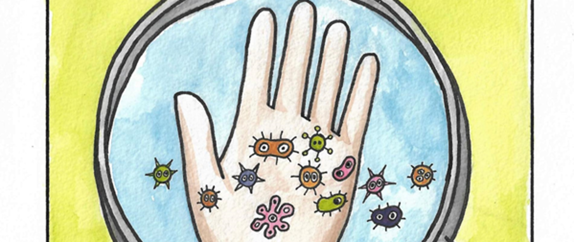 rysunkowa dłoń na której narysowano zarazki