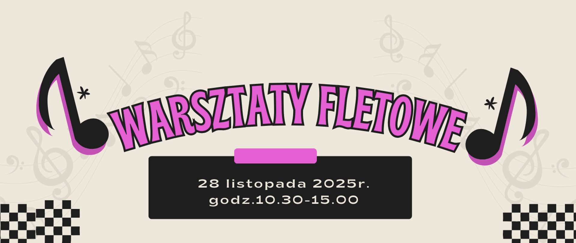 Plakat z kolorowymi nutkami, warsztaty fletowe 28 listopada 2025r. godz.10.30-15.00