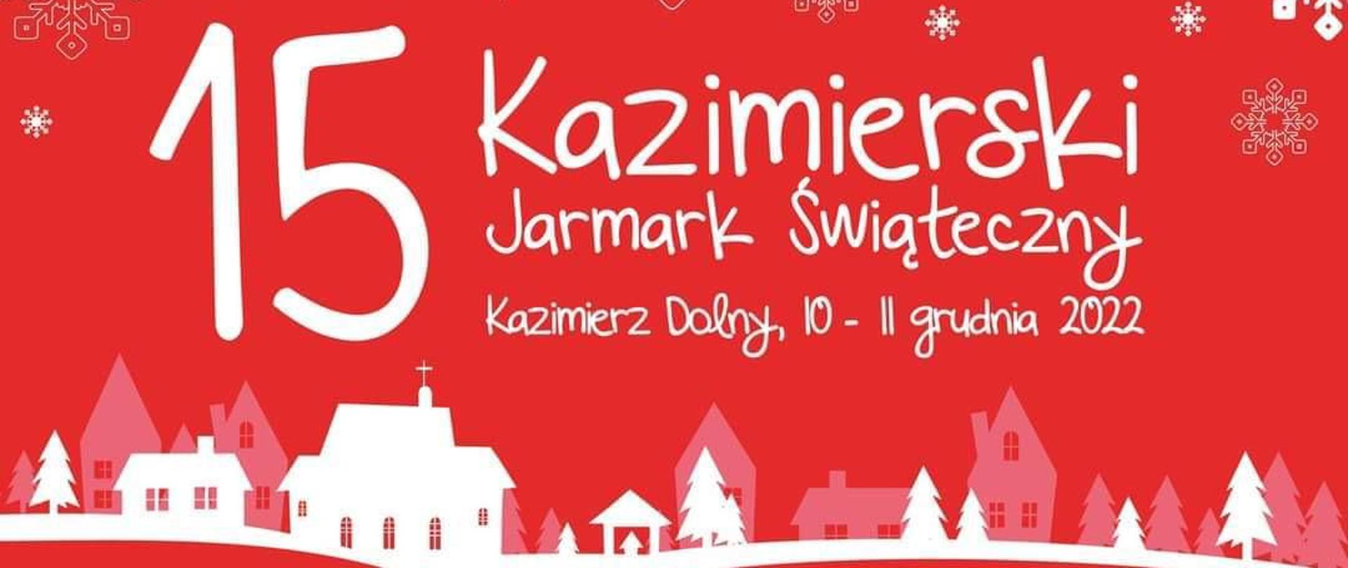 Czerwony plakat z krajobrazem Kazimierza Dolnego zimą i programem wydarzenia napisanego białą czcionką. 