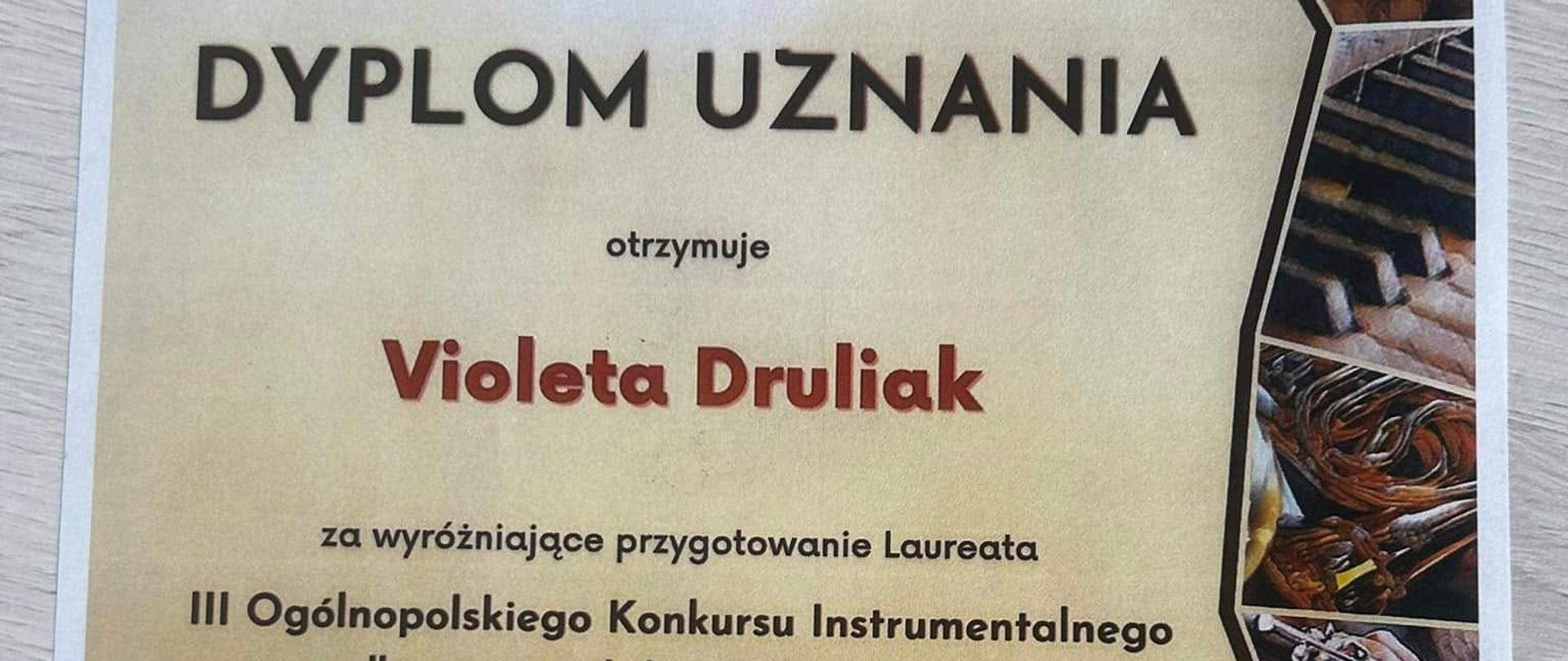 Dyplom Violety Druliak za wyróżniające przygotowanie Laureata