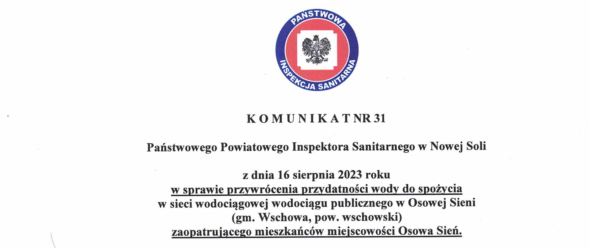 Komunikat nr 31 przywrócenie przydatności wody osowa sień