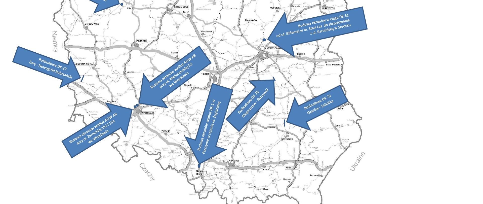 Mapa przedstawia zadania na drogach krajowych dla których zostały zatwierdzone Programy inwestycji