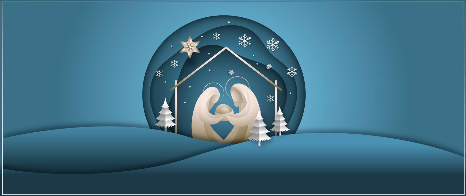 Grafika obrazująca szopkę w zimowej scenerii. 