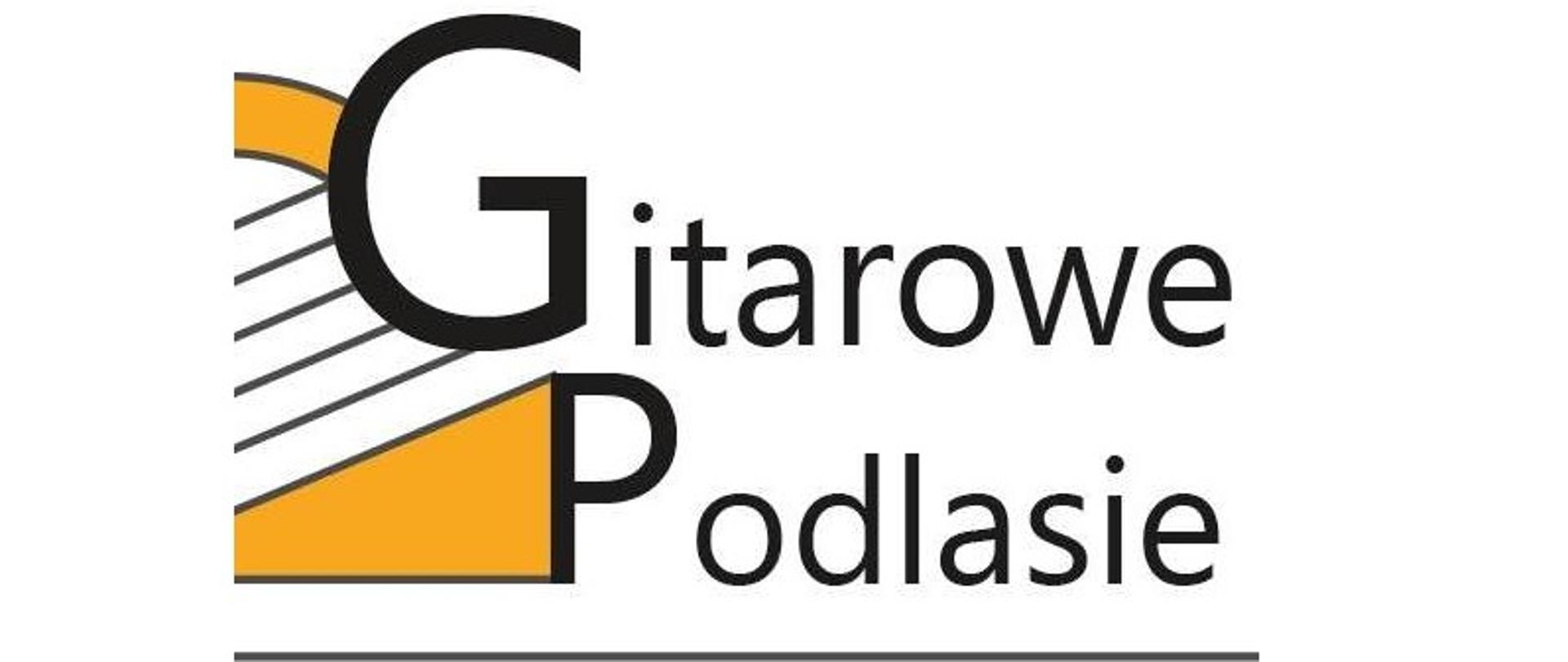 logotyp festiwalu Gitarowe Podlasie pomarańczowo czarny z elementami gitary i sześciu strun