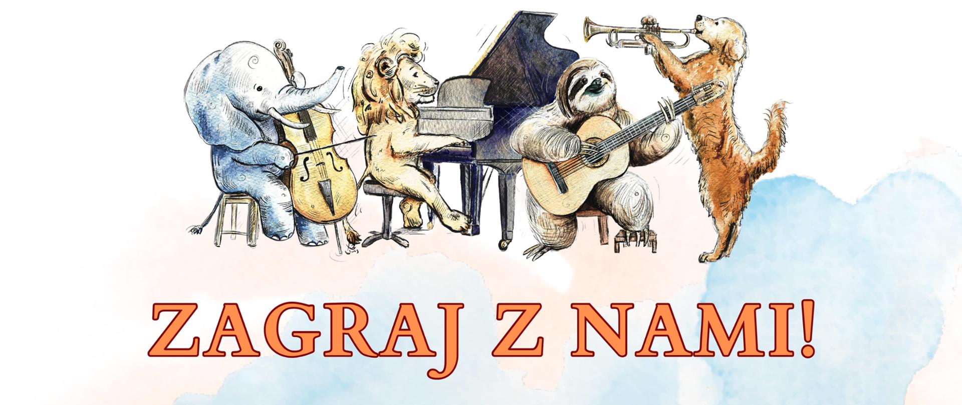 Plakat rekrutacyjny. Na tle z niebieskich chmurek na górze i na dole plakatu rysunki grających na instrumentach zwierząt. Po środku plakatu napis "Zagraj z nami" oraz informacja na jakich instrumentach uczymy grać, że zgłoszenia przyjmujemy do 31 maja oraz kontakt telefoniczny i mailowy.