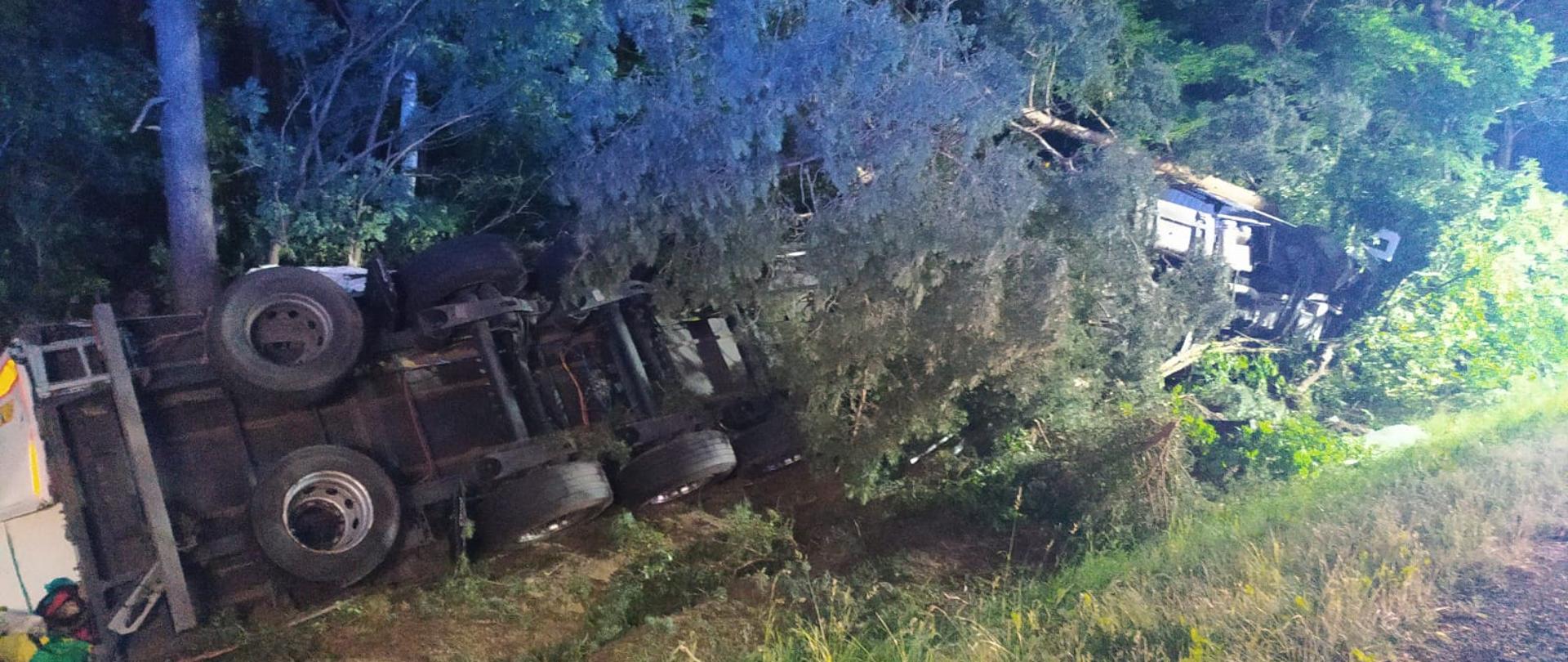 Na zdjęciu widać pojazd ciężarowy leżący na boku, przygnieciony drzewem