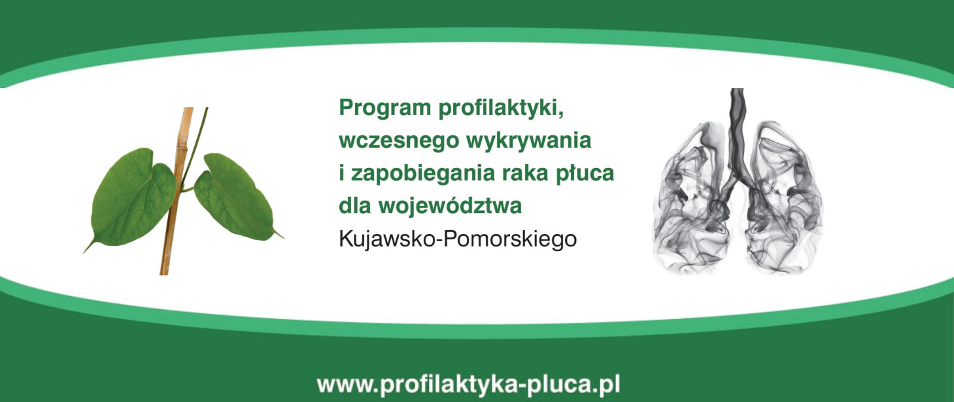 Program profilaktyki, wczesnego wykrywania i zapobiegania raka płuca dla województwa Kujawsko-pomorskiego. Po lewej stronie dwa zielone liście symbolizujące zdrowe płuca. Po prawej stronie płuca wypełnione dymem tytoniowym. Strona internetowa: www.profilaktyka-pluca.pl