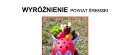Wyróżnienie (powiat śremski)
Praca przedstawia dziecko w czerwonej bluzie i czerwonym kasku rowerowym siedzące tyłem do oglądającego. Na kasku znajdują się dwa znaki zakazu palenia papierosów i e-papierosów. Dziecko trzyma przed sobą kosz z owocami i warzywami.
