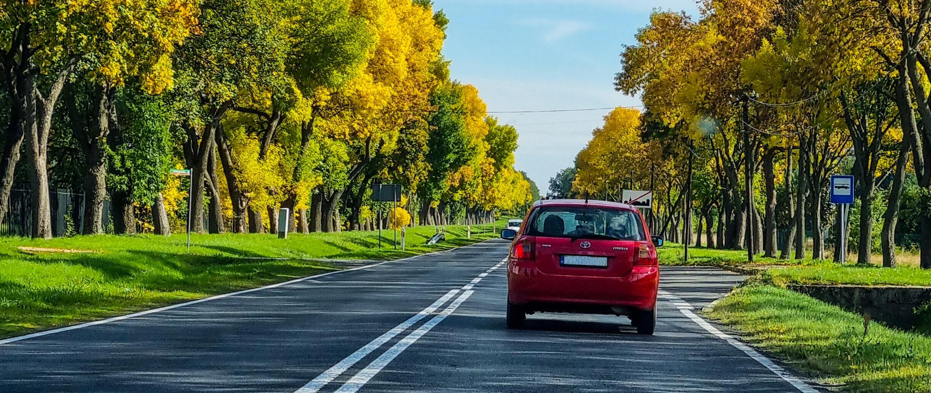 Droga jednojezdniowa w otoczeniu drzew w jesiennym słonecznym klimacie. Na drodze czerwony samochód osobowy.