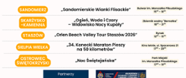 Kielce, godz 11.00 – 14.00: „Pierwsza Pomoc” – piknik Akademii Ochrony Ludności i Obrony Cywilnej ( Plac przed Świętokrzyskim Urzędem Wojewódzkim w Kielcach)
Sandomierz, godz. 15.00-18.00: „Sandomierskie Wianki Flisackie” (Bulwar Wiślany im. Marszałka Piłsudskiego),
Skarżysko-Kamienna, godz. 18.30-21.30: „Ogień, Woda i Czary – Widowisko Nocy Kupały”( zbiornik wodny Bernatka),
Staszów, godz. 12.00-15.00: „Orlen Beach Volley Tour Staszów 2026” (rynek),
Sielpia Wielka, godz. 17.00-20.00: 34. Konecki Maraton Pieszy na 50 kilometrów (ul. Spacerowa 21 - kino letnie),
