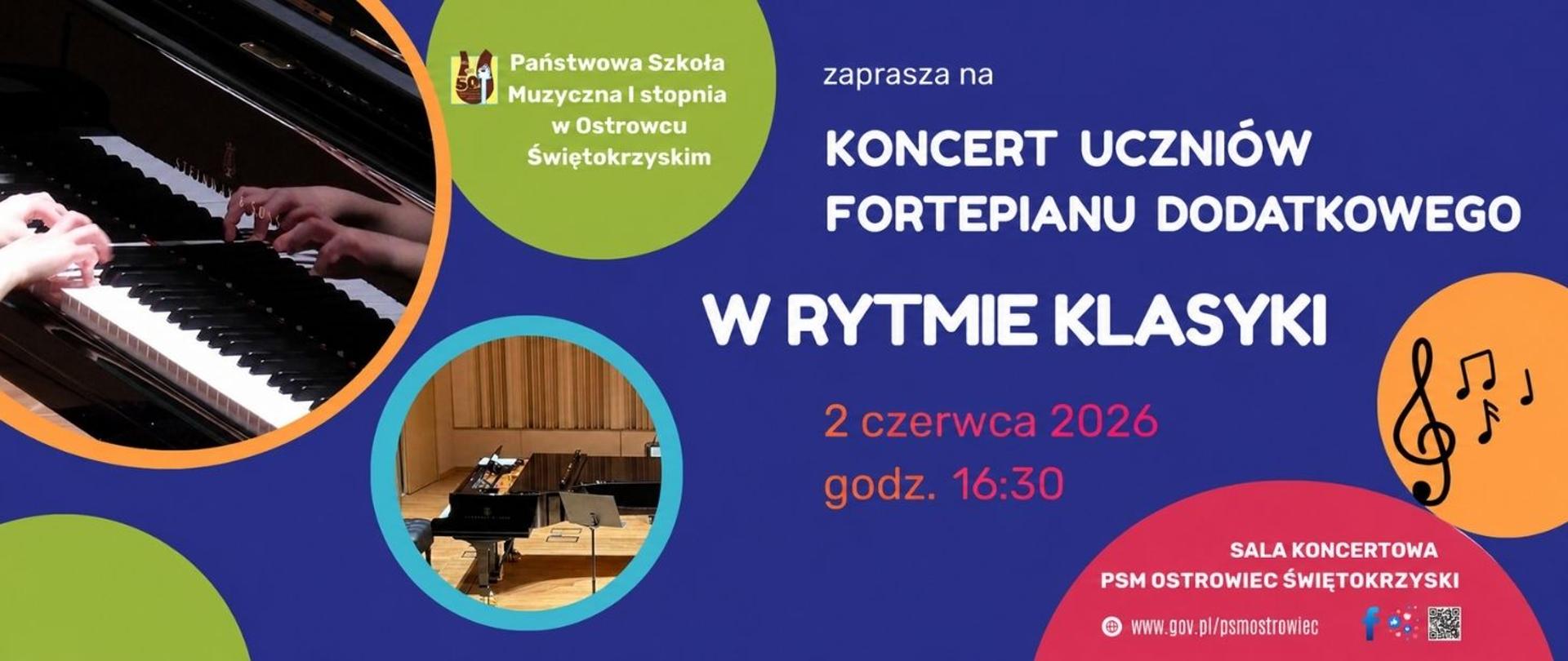 zdjęcia fortepianu w kolorowych w kółkach po bokach, napisy w kolorze czerwonym i białym na fioletowym tle, z logo szkoły w kolorze brązowo-żółtym