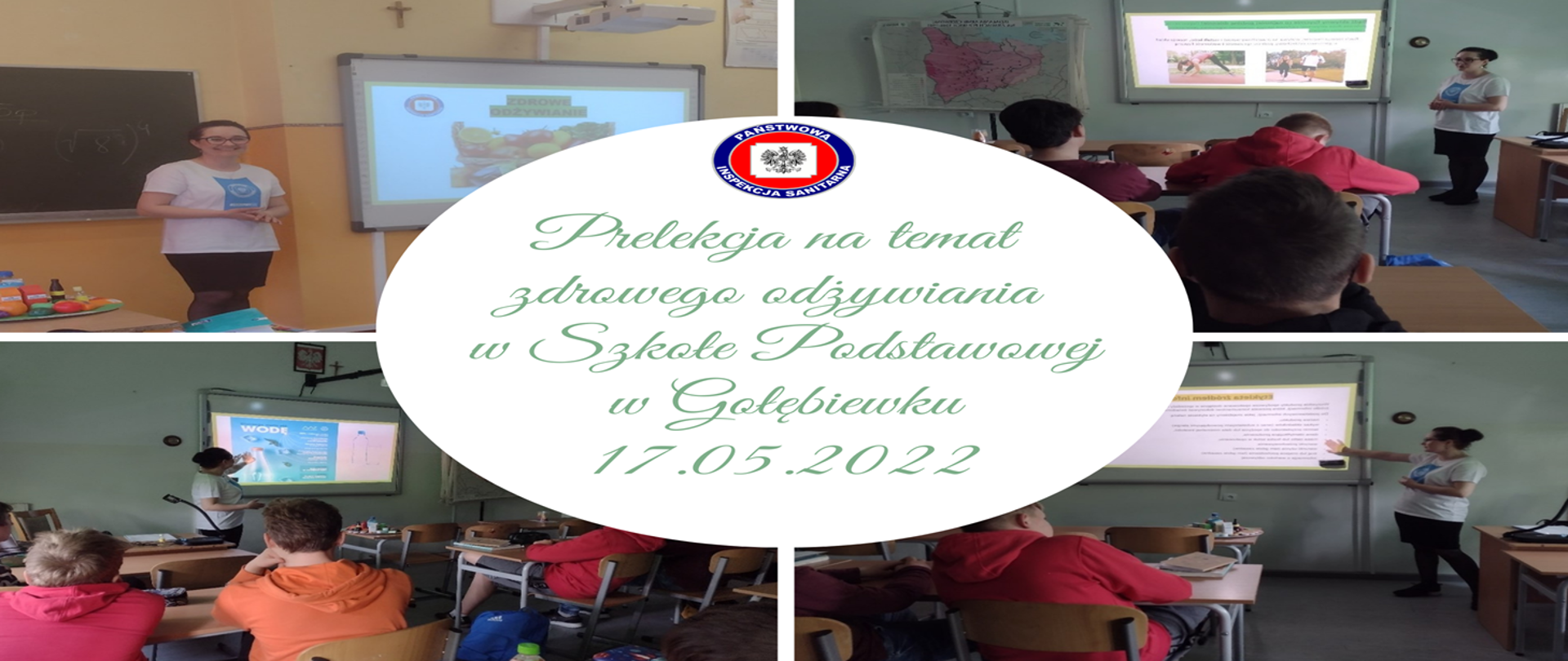 Kolaż zdjęć Prelekcja o zdrowym odżywianiu w Szkole Podstawowej im. Wł. St. Reymonta w Gołębiewku.