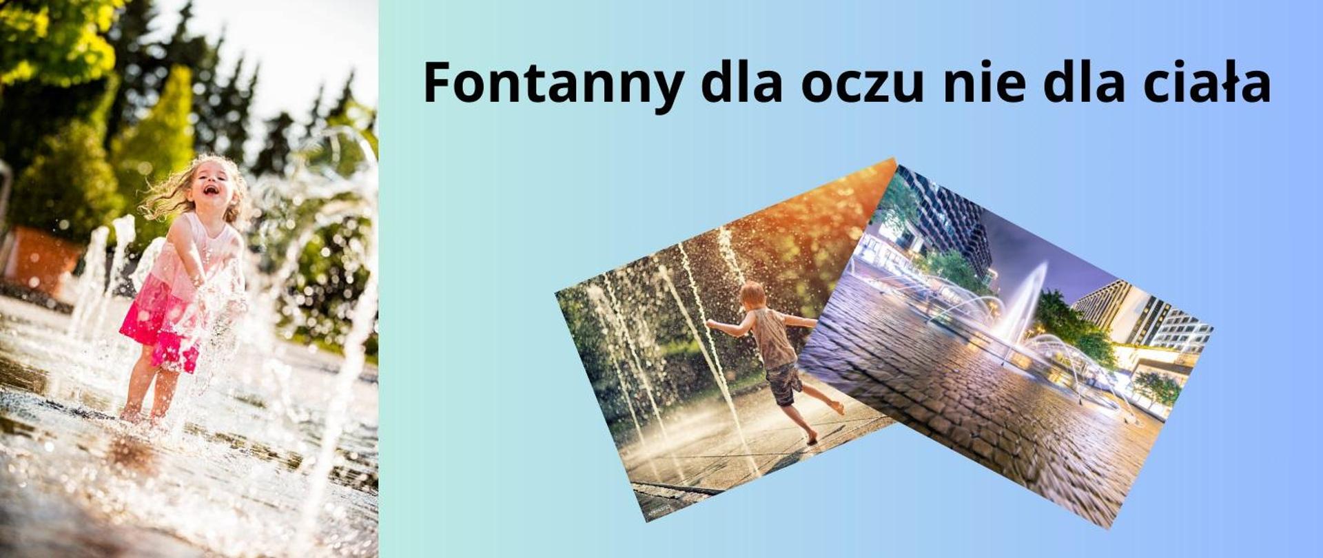 Na pierwszym zdjęciu dziecko kapiące się w fontannie, na drugim zdjęciu dziecko bawiące się w miejskiej fontannie, na trzecim zdjęciu fontanna w przestrzeni miejskiej