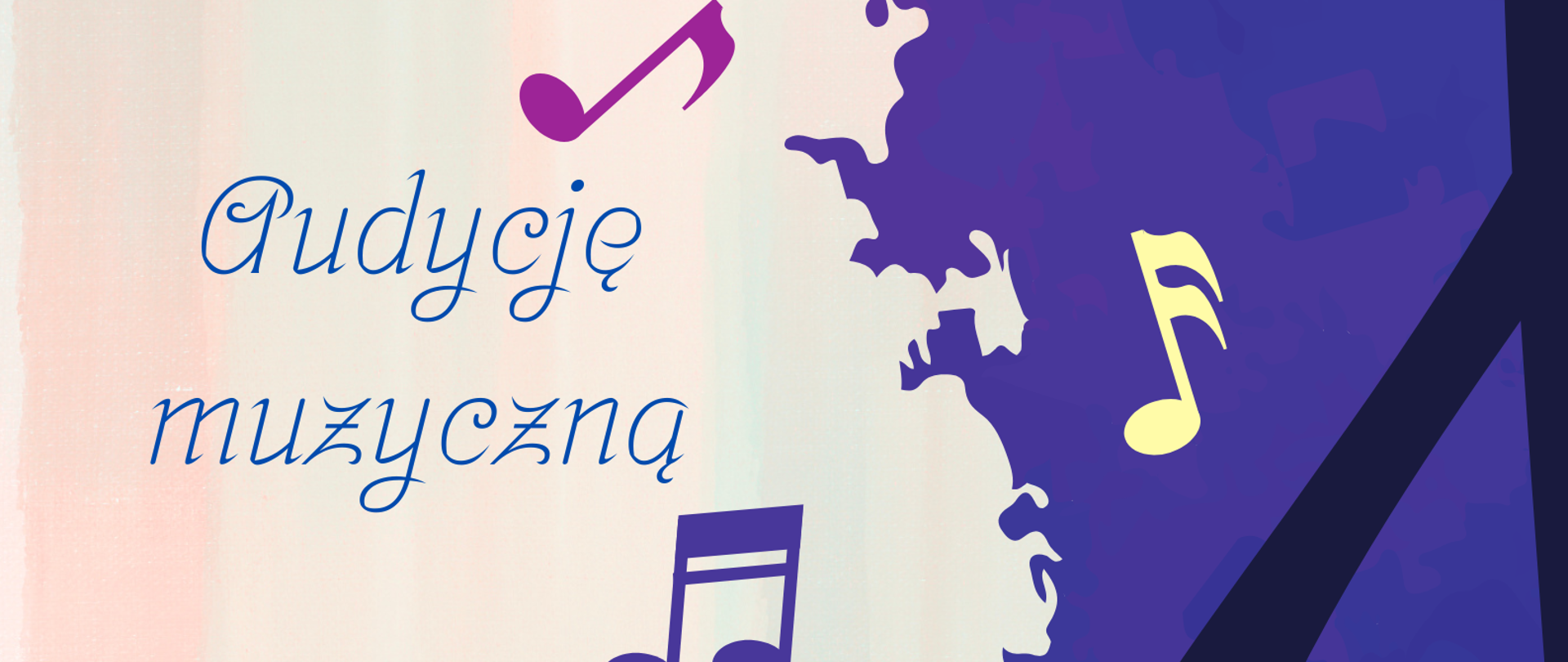 Plakat, tło podzielone na dwie nierówne części w pionie. Po lewej stronie na błękitno-różowym tle informacje terminie i miejscu audycji muzycznej dot. twórczości Andrzeja Wajdy i Wojciecha Kilara. Pomiędzy tymi informacjami kilka kolorowych nut. Po prawej stronie na ciemnofioletowym tle część klucza wiolinowego. 