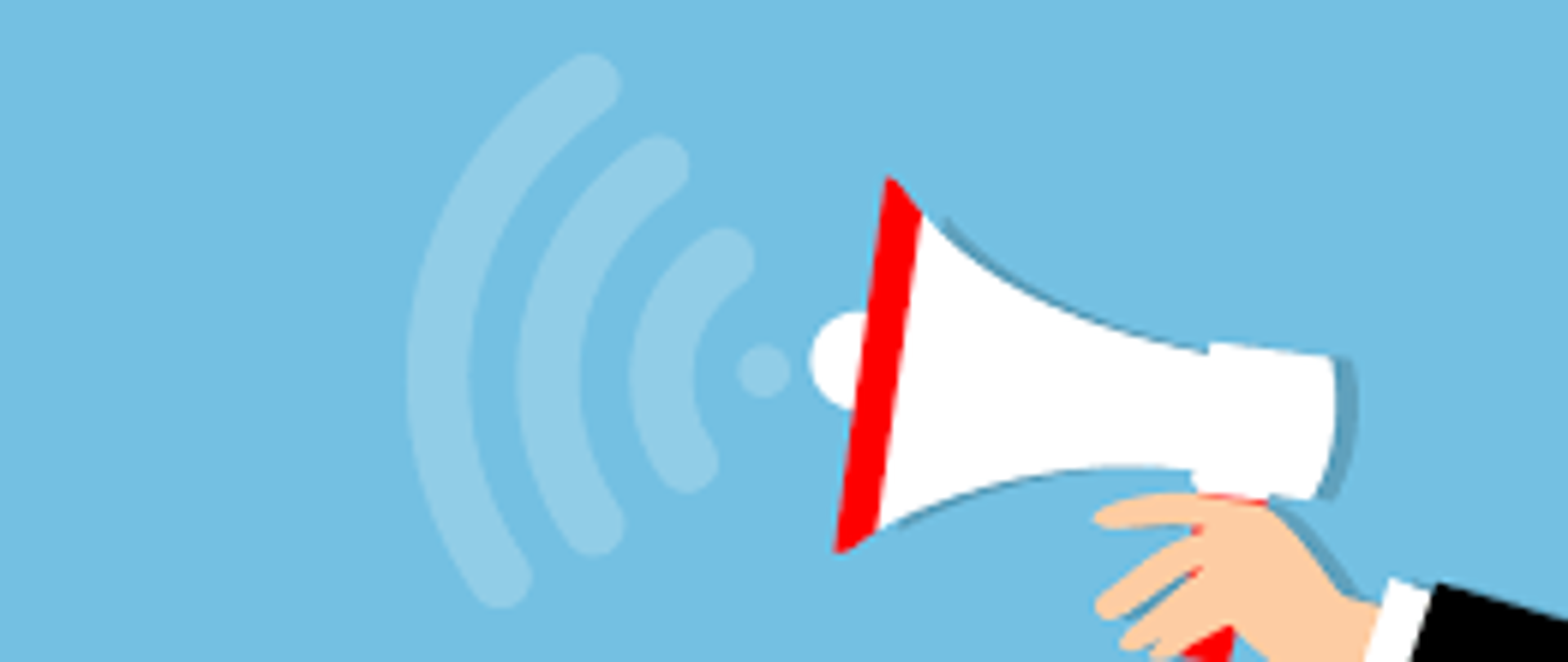 biały megafon na niebieskim tle, z którego wydobywa się dźwięk
