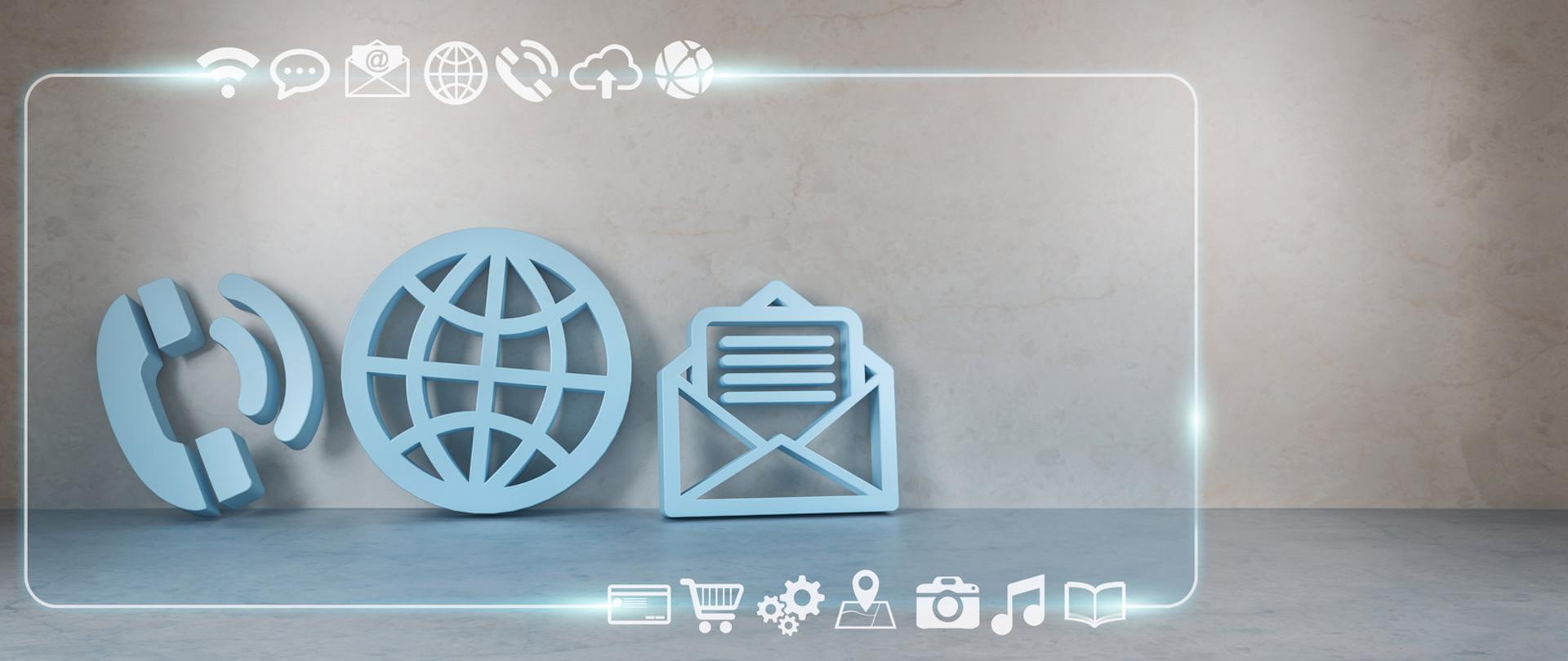 Piktogramy przedstawiające różne formy kontaktu, m.in. telefon, kula ziemska, koperta.
