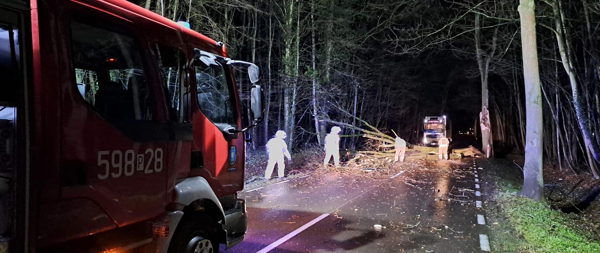 Widać drzewo leżące na drodze, strażacy pracują, jest noc, po lewej samochód strażacki