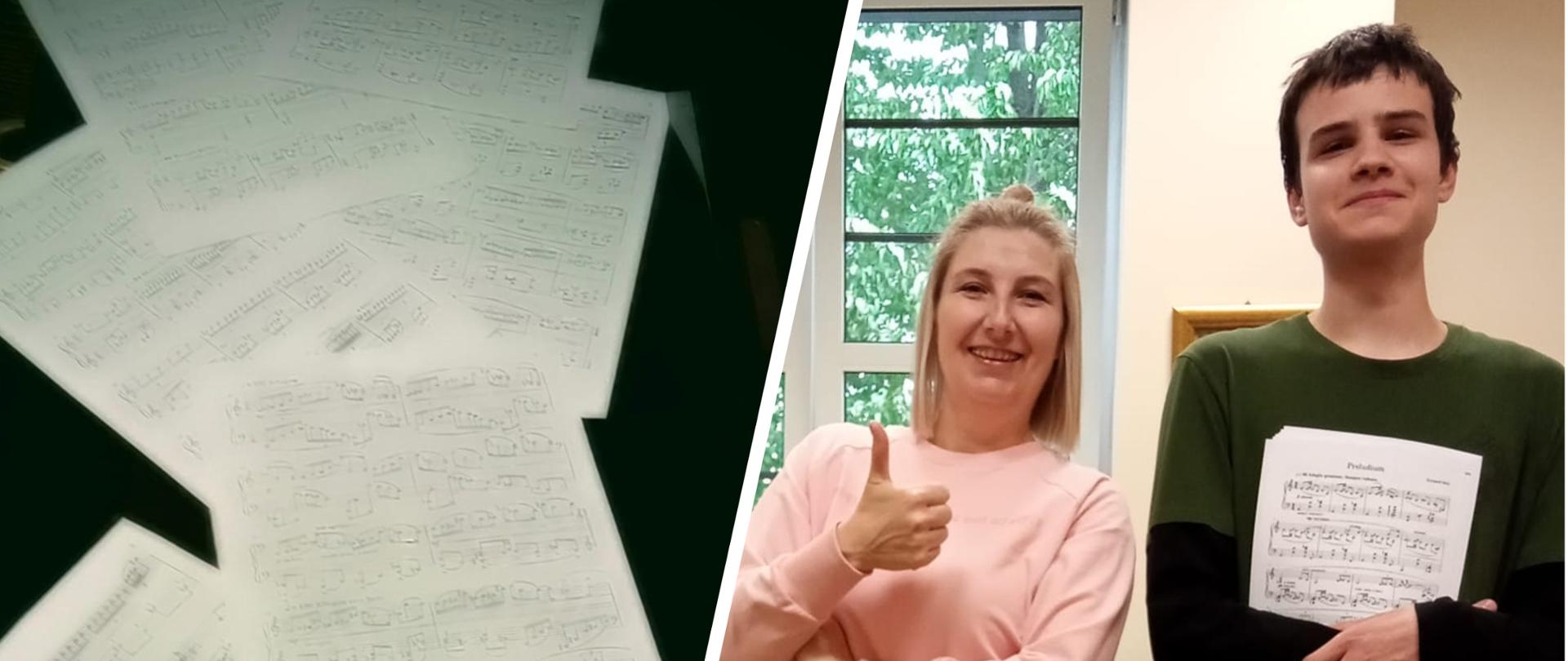 Kolaż składający się z dwóch, kolorowych zdjęć. Na jednym jest rozrzucona na klapie fortepianu partytura napisanego przez Krzysztofa oraz biały napis I miejsce za kompozycję, na drugim stoi Pani Anna Brachman i Krzysztof Sitek z nutami.