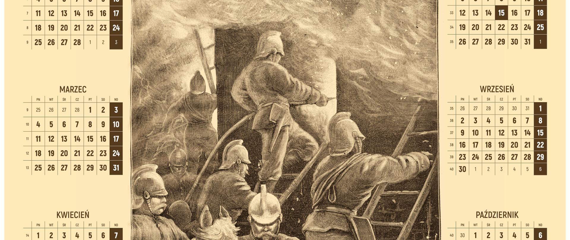 kalendarz plakatowy w kolorze sepia, na srodku obraz gaszących strażaków podczas wojny