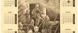kalendarz plakatowy w kolorze sepia, na srodku obraz gaszących strażaków podczas wojny