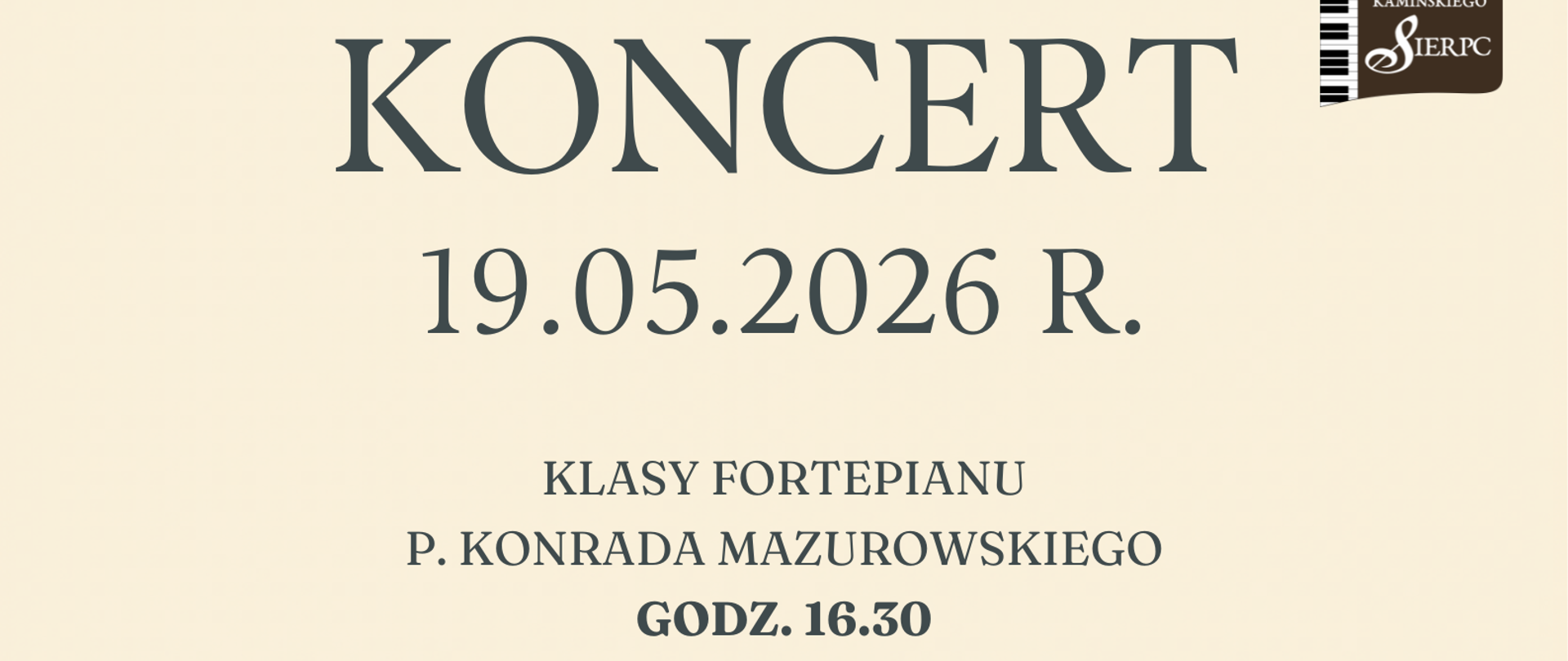 Na kremowym tle w prawym górnym rogu logo szkoły, poniżej data koncertu: 19.05.2026 r.. Na dole strony zarys puzonu z nutkami oraz flet.