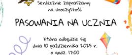 Zaproszenie na uroczystość pasowania na ucznia w Zespole Szkół Muzycznych im. Stanisława Moniuszki w Wałbrzychu z okazji 80-lecia szkoły. Data: 10 października 2025, godzina 17:00, miejsce: aula przy ul. Piętnastolecia 24. Grafika z motywami szkolnymi, ilustracjami dzieci w galowych strojach oraz cytatem o rozpoczęciu nauki.