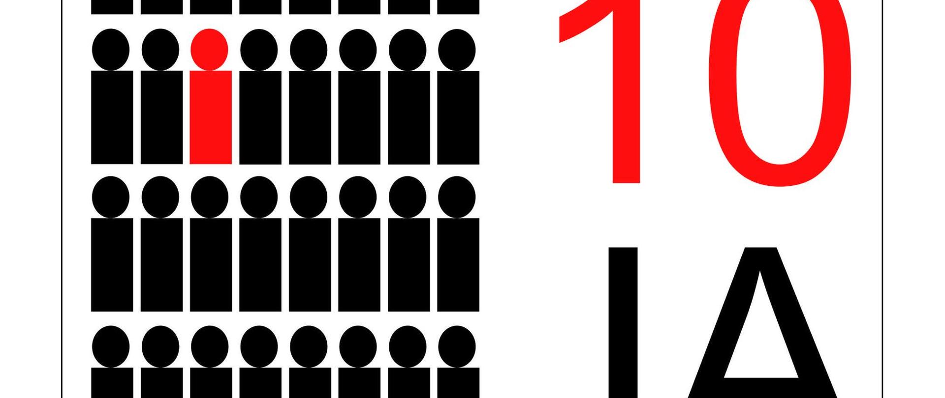 Po lewej stronie znajduje się układ stylizowanych sylwetek ludzi (proste piktogramy), ułożonych w rzędach.
Jedna z sylwetek jest zaznaczona na czerwono, podczas gdy pozostałe są czarne – sugeruje to wyróżnienie jednej osoby lub jednego głosu na tle grupy.
Po prawej stronie widnieje duży czerwony napis „10” oraz czarny napis „JA”.
Całość znajduje się w prostokątnej ramce na białym tle.