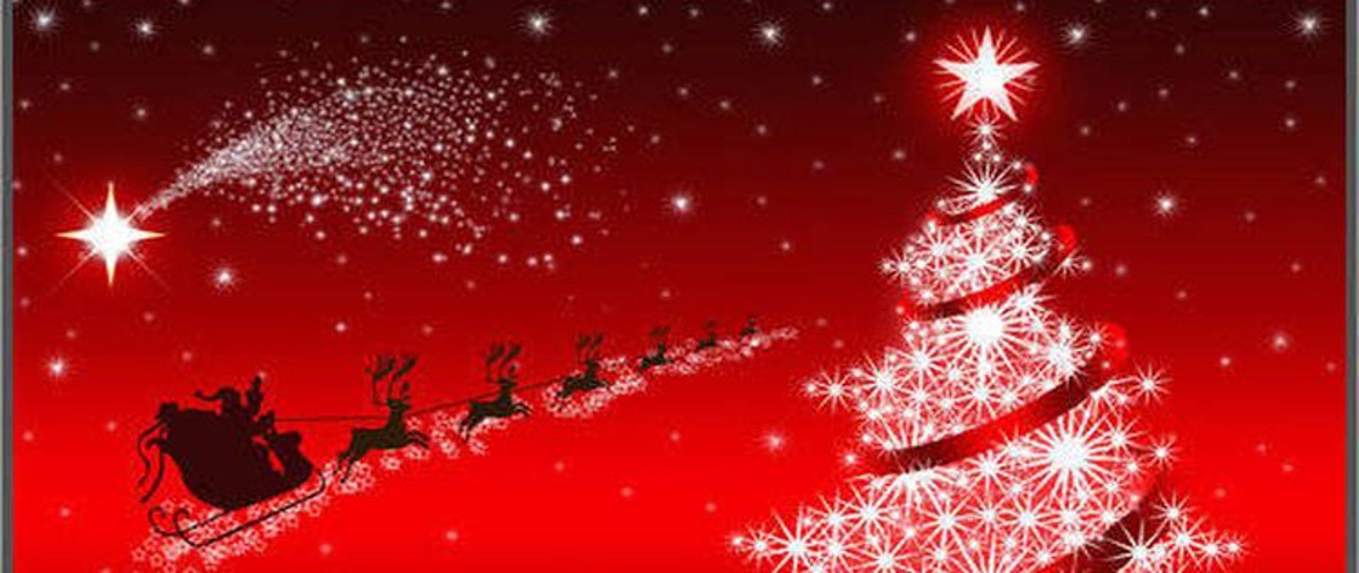 Zdjęcie przedstawia białą choinkę oraz Mikołaja jadącego saniami i napis Wesołych Świąt