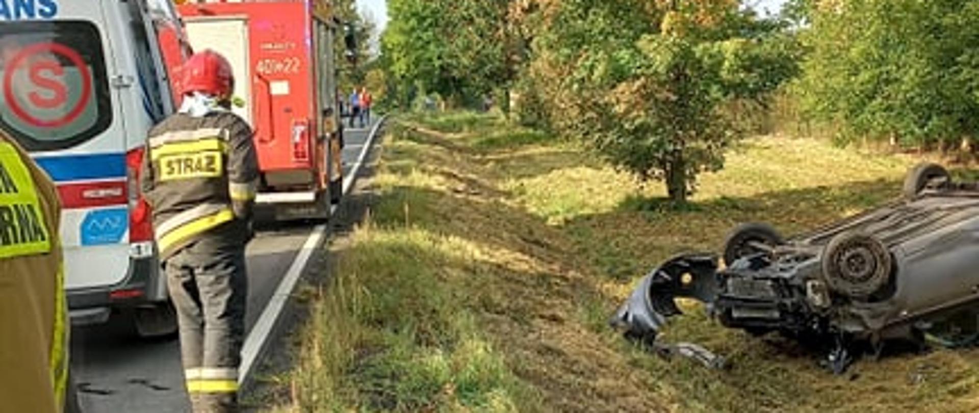 Na zdjęciu po lewej stronie widać strażaków i samochody służb ratowniczych. Po prawej stronie znajduje się samochód osobowy leżący na dachu na poboczu drogi.