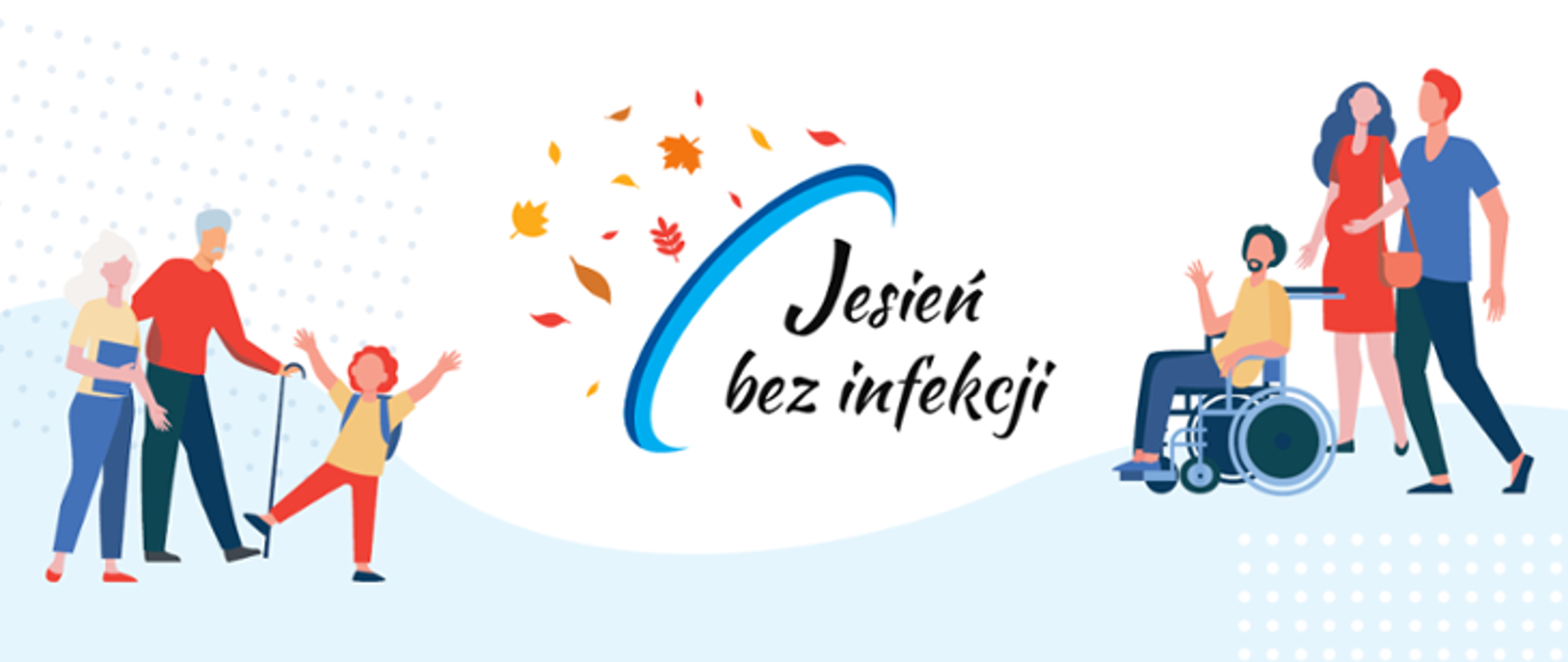 Po lewej stronie rysunki trzech postaci: seniora, seniorki oraz dziecka; pośrodku logotyp kampanii Jesień bez infekcji; po prawej stronie rysunki trzech postaci: kobiety w ciąży, mężczyzny oraz mężczyzny na wózku inwalidzkim. W tle kolorowe jesienne liście.