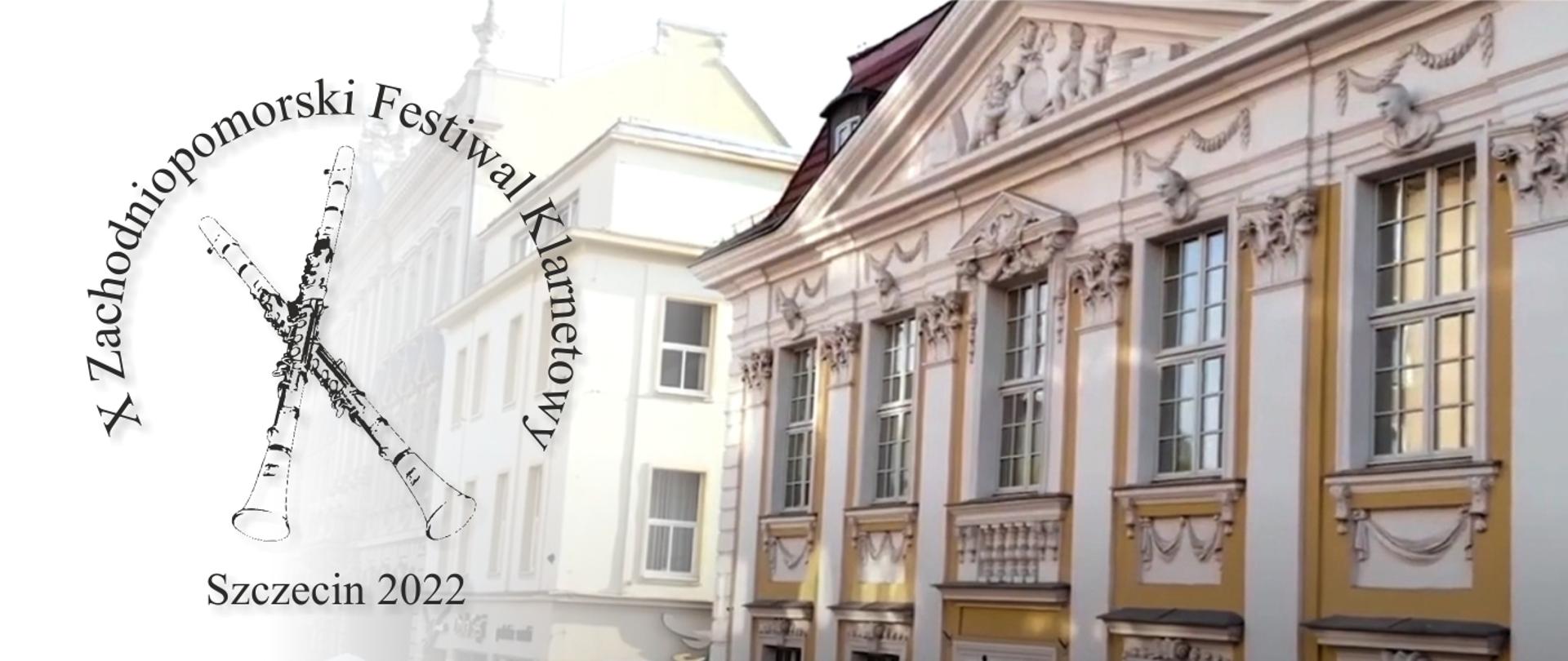 Grafika przedstawia fasadę ZPSM w Szczecinie wraz z umieszczonym logo festiwalu