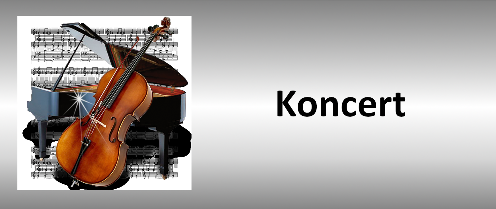Fortepian i wiolonczela na tle nut, po prawej stronie napis Koncert