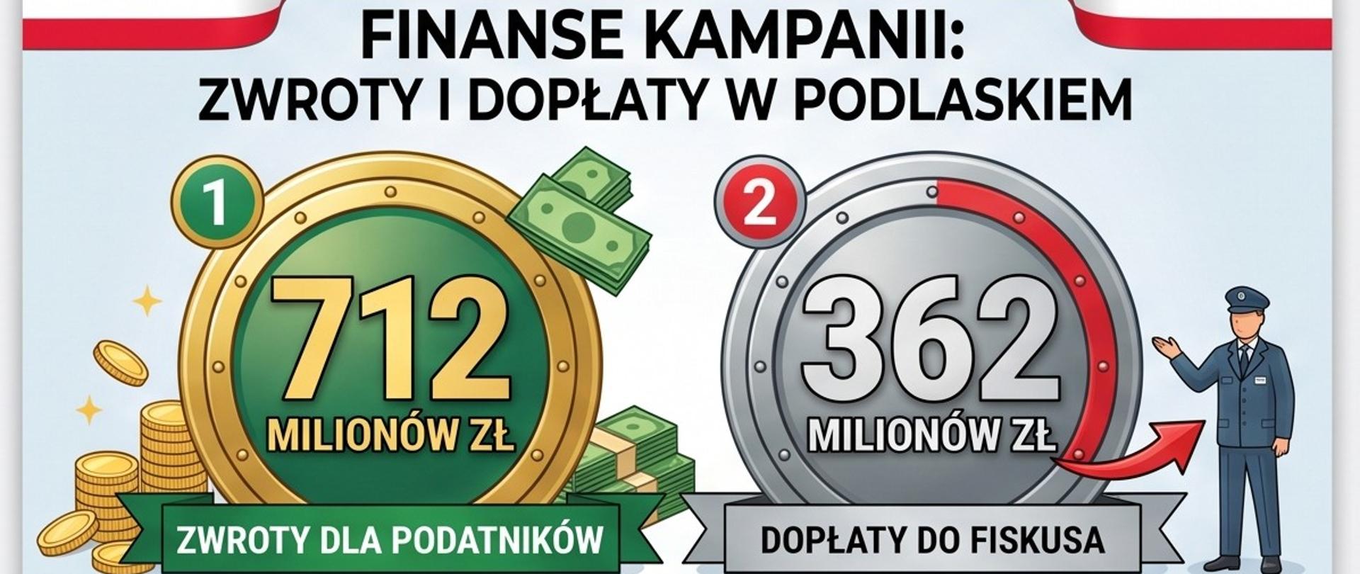 Finanse kampanii
712 milionów zł zwrotów
362 miliony zł nadpłat
Największy zwrot w US w Zambrowie (2,4 mln zł)
Największa dopłata w US w Kolnie (1,7 mln zł)